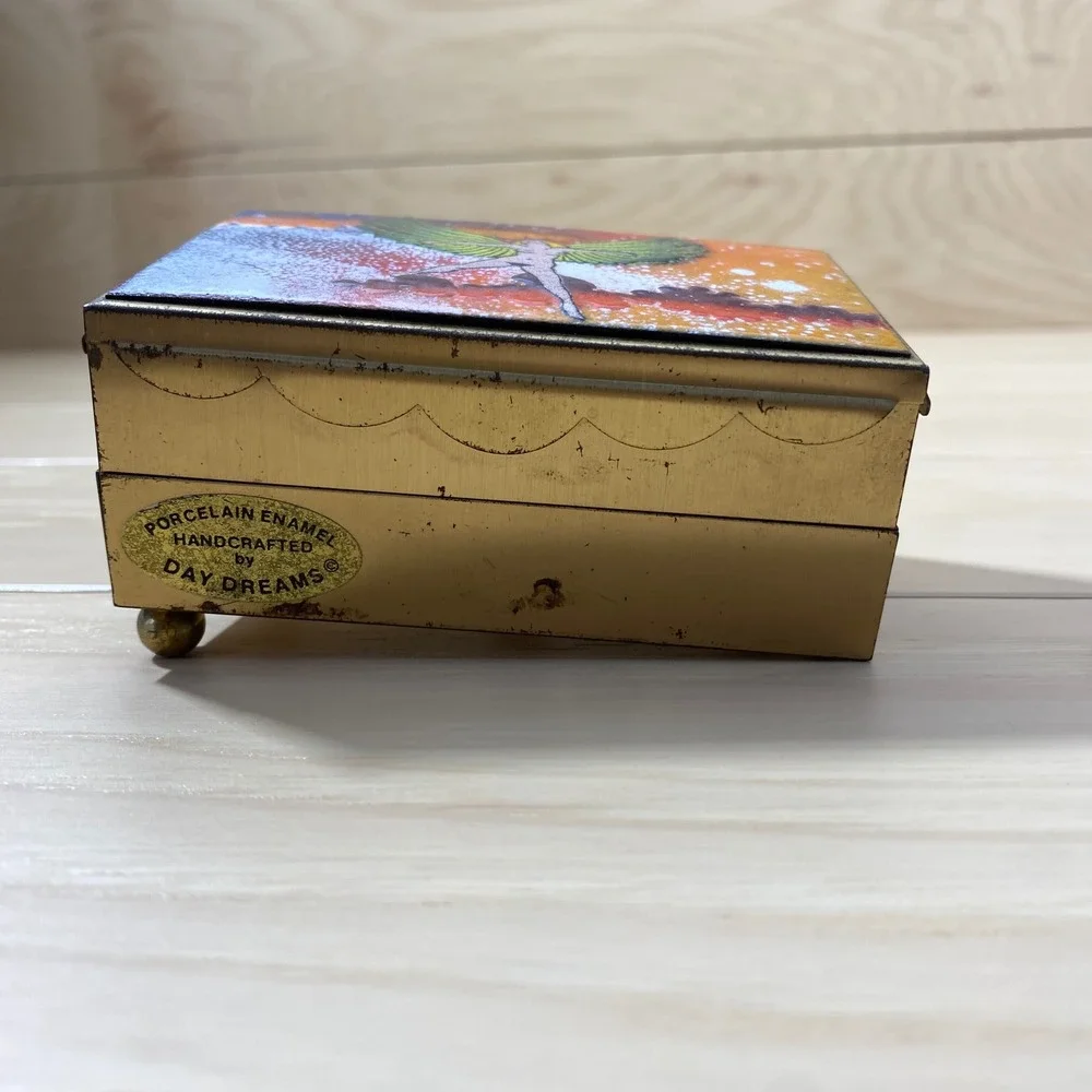 Vintage Day Dreams Handcrafted Porcelain‎ Enamel Jewelry Box Winged Woman Brass